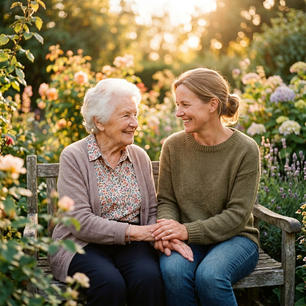 Elderly person holding hands in a warm garden setting